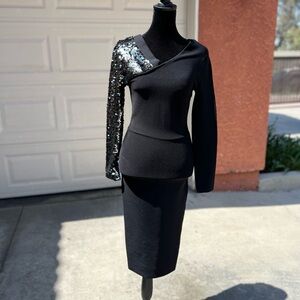 BCBGMaxAzria Black One-Shoulder Sequin Sleeve Dress Set